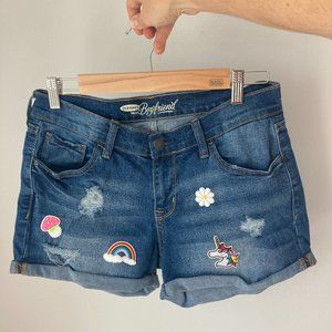 Upcycled Old Navy Boyfriend Denim Shorts with Patches- Size 4